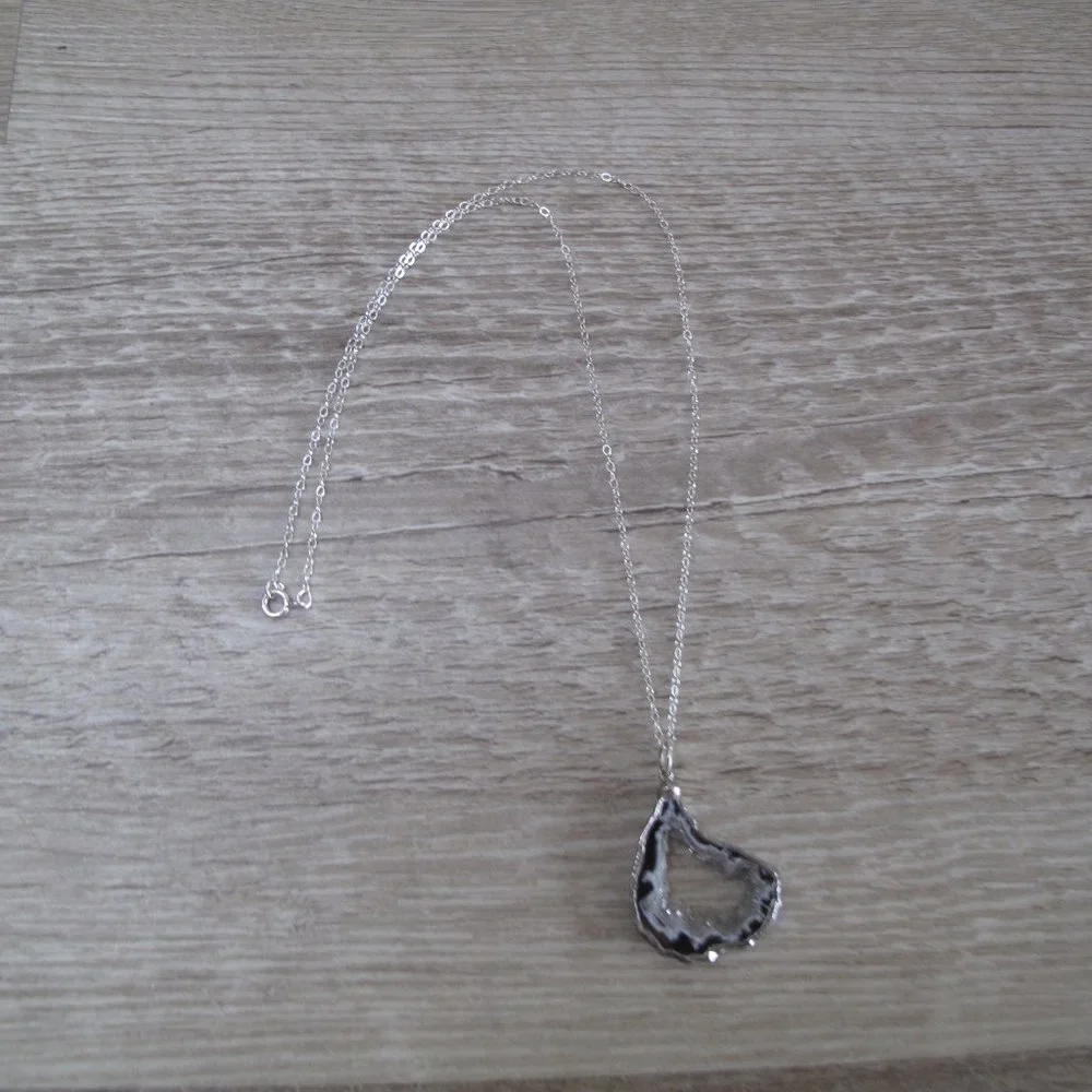 STERLING SILVER Black Agate Druzy Slice Pendant